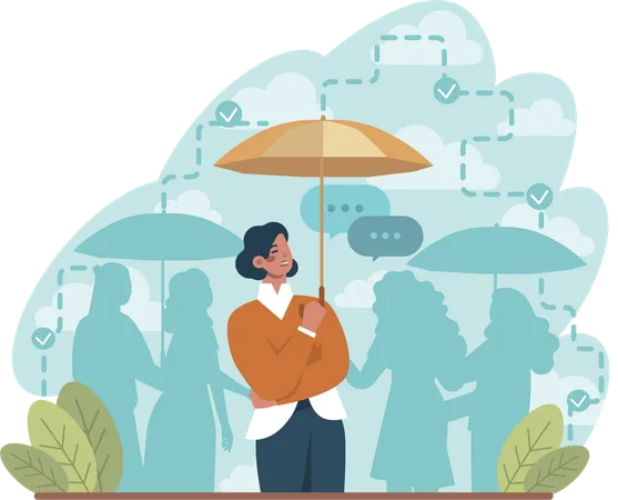 Woman standing out from crowd with umbrella  Illustration