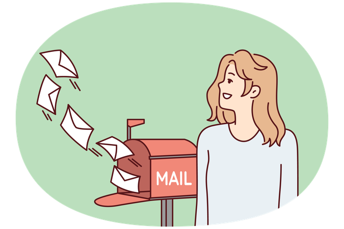 Woman standing outdoor with smile looks at letters flying out mailbox  Illustration
