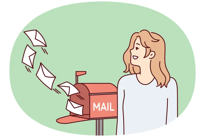 Woman standing outdoor with smile looks at letters flying out mailbox  Illustration