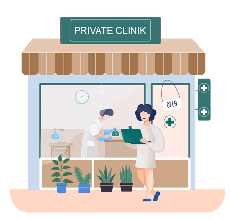 Woman standing outside private clinic  Illustration