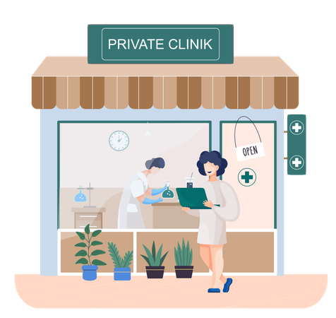 Woman standing outside private clinic  Illustration