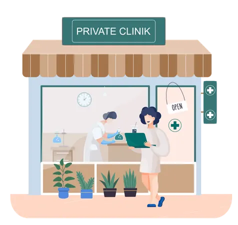 Woman standing outside private clinic  Illustration