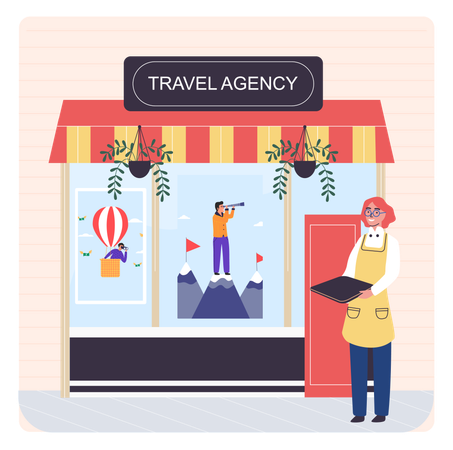 Woman standing outside travel agency  Illustration