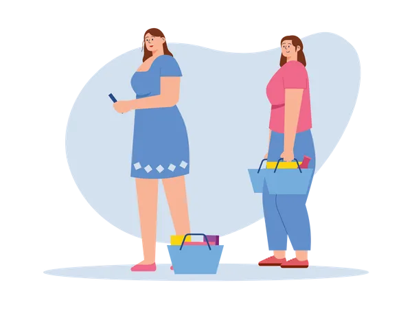 Woman standing queue in super market  Illustration