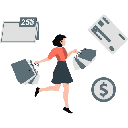 The Girl Is Standing While Holding Shopping Bags Illustration