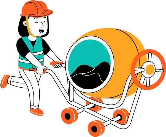 Woman standing with concrete mixer  イラスト