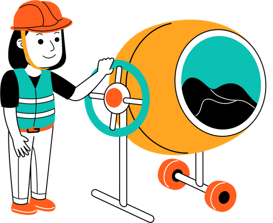 Woman standing with concrete mixer  Illustration