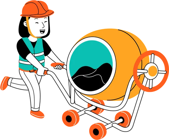 Woman standing with concrete mixer  Illustration