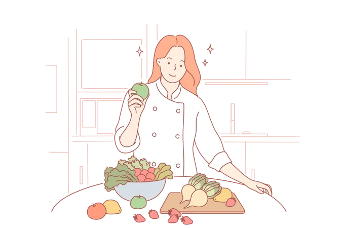 Woman standing with healthy fruits and vegetables at home  Illustration