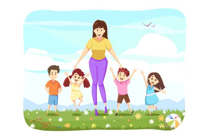 Woman standing with kids  Illustration