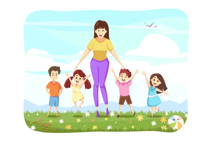 Woman Standing With Kids Concept Group Of Happy Smiling Schoolchildren Or Pupils Boys Girls And Young Female Teacher Standing Together At Field Active Summer Recreation On Weekend And Leisure Time Illustration
