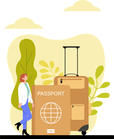 Woman standing with luggage and passport  Illustration