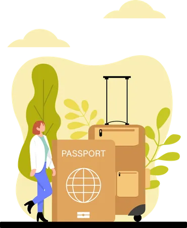 Woman standing with luggage and passport  Illustration