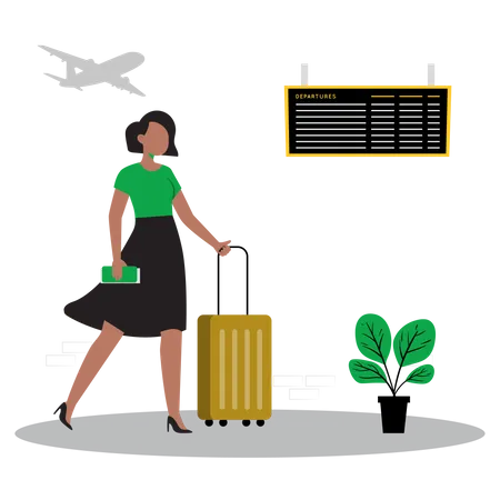 Woman standing with luggage at airport  Illustration