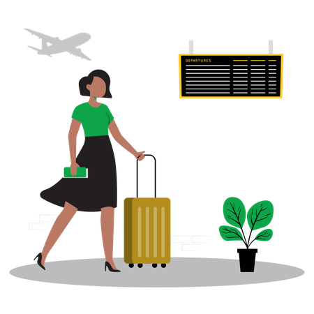 Woman standing with luggage at airport  Illustration