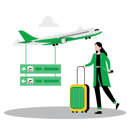 Woman standing with luggage in airport  Illustration