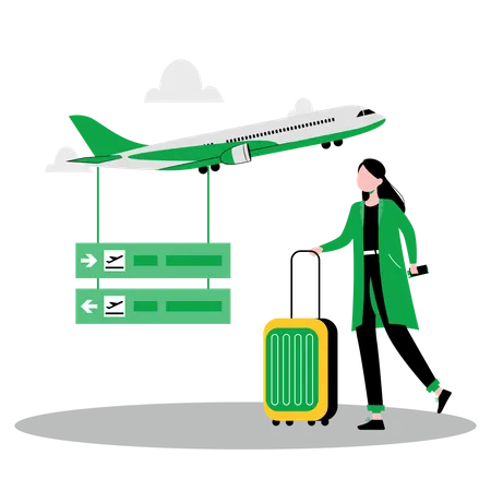 Woman standing with luggage in airport  Illustration