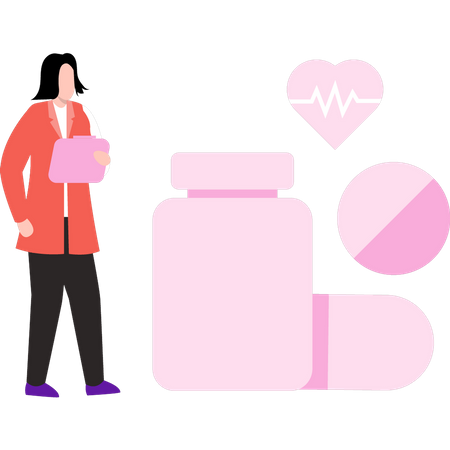 Woman standing with medicine  Illustration