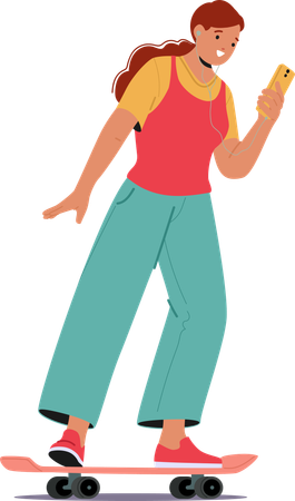 Woman standing with phone while doing skating on skateboard  Illustration