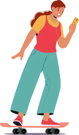 Woman standing with phone while doing skating on skateboard  Illustration