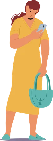 Woman standing with phone while holding bag in other hand  Illustration