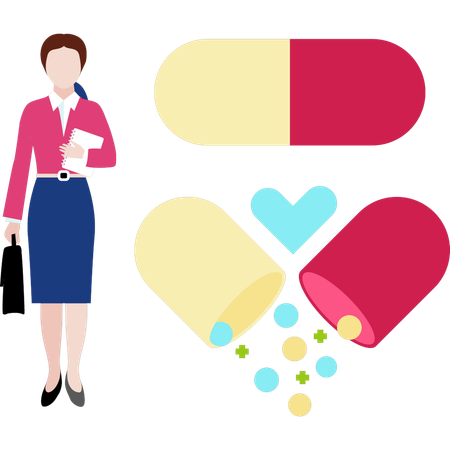 Woman standing with pill  Illustration