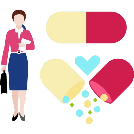 Woman standing with pill  Illustration