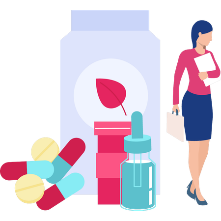 Woman standing with pills  Illustration