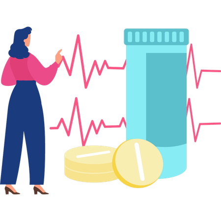 Woman standing with pills  Illustration