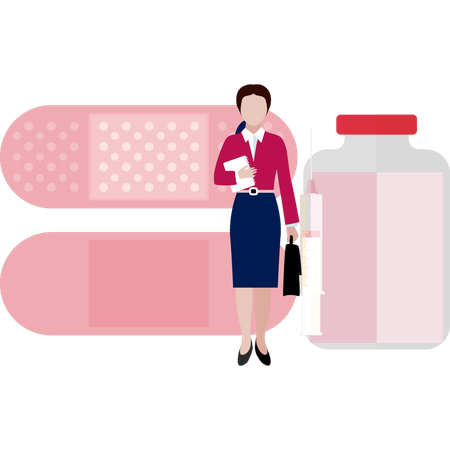 Woman Standing With Pills Bottle  Illustration