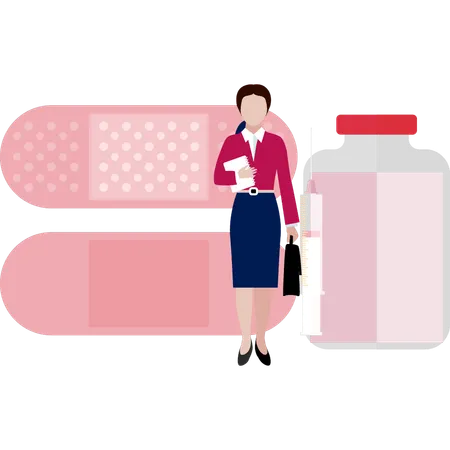 Woman Standing With Pills Bottle  Illustration