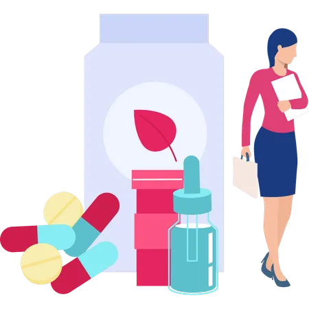 Woman standing with pills  Illustration