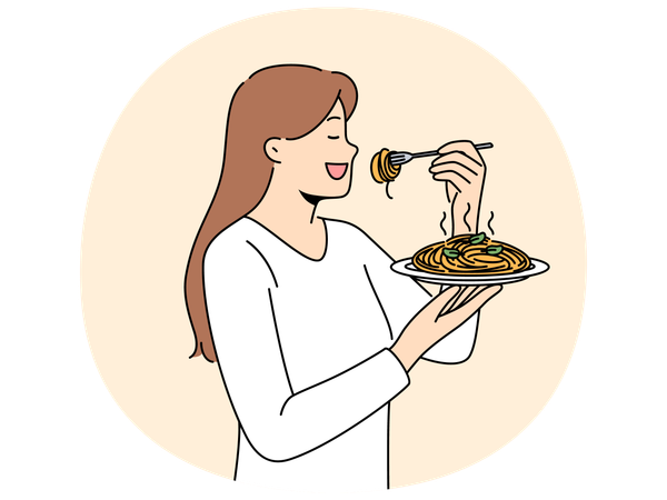 손에 스파게티 접시를 들고 서서 이탈리아 요리를 먹으며 파스타 맛을 즐기는 여성  일러스트레이션