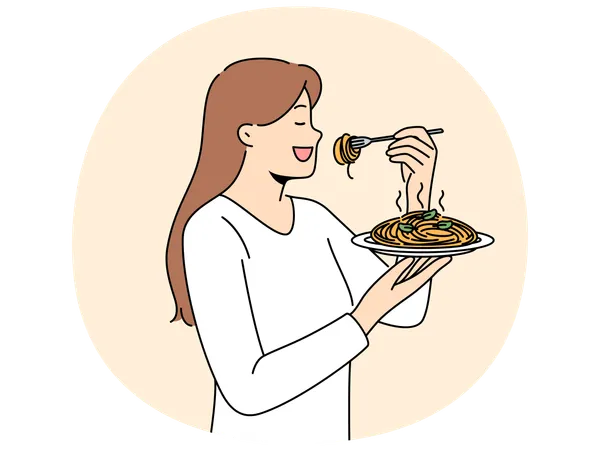 손에 스파게티 접시를 들고 서서 이탈리아 요리를 먹으며 파스타 맛을 즐기는 여성  일러스트레이션