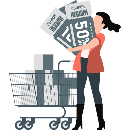 Woman standing with shopping discount coupon  Illustration
