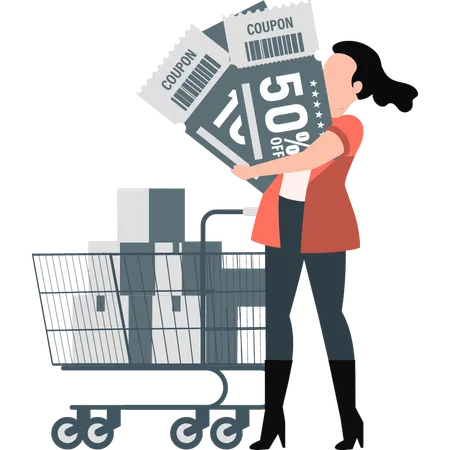 Woman standing with shopping discount coupon  Illustration