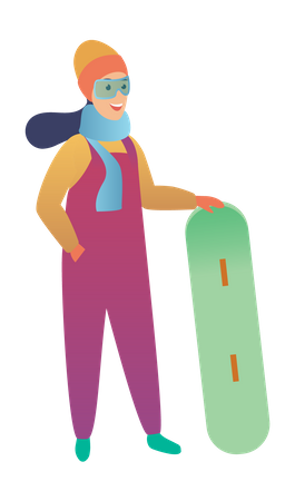 Woman standing with snowboard  Illustration