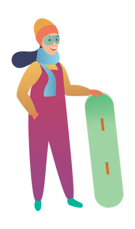 Woman standing with snowboard  Illustration