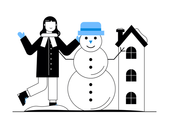 Woman Standing With Snowman  Illustration