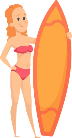 Woman standing with surfboard  Illustration