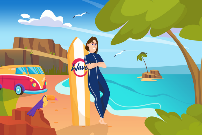 Woman standing with surfboard on beach  Illustration