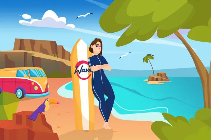 Woman standing with surfboard on beach  Illustration