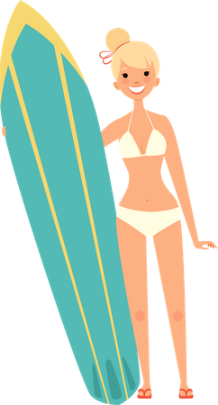 Woman standing with surfing board  Illustration