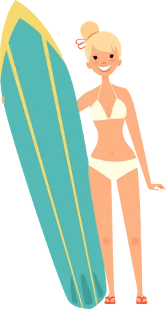 Woman standing with surfing board  Illustration