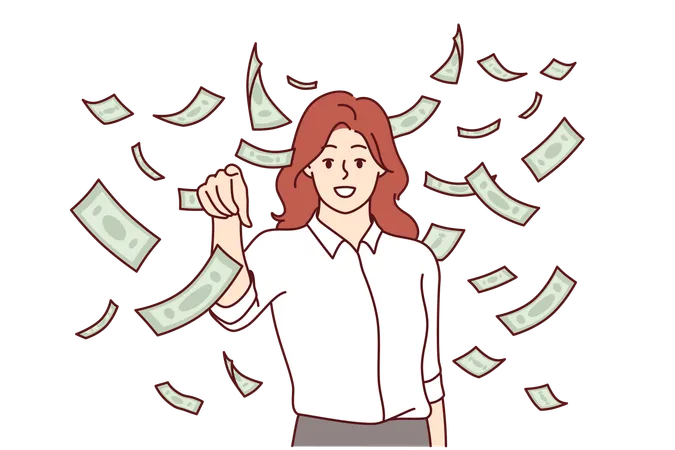 Woman Investor Stands Among Rain Of Money And Points Finger At You Asking About Desire To Make Money On Financial Market Rich Girl Investor Gets Big Income From Bank Deposit Or Founding Startup Illustration