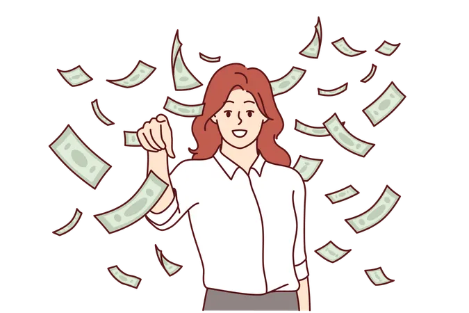 Woman stands among money rain  Illustration