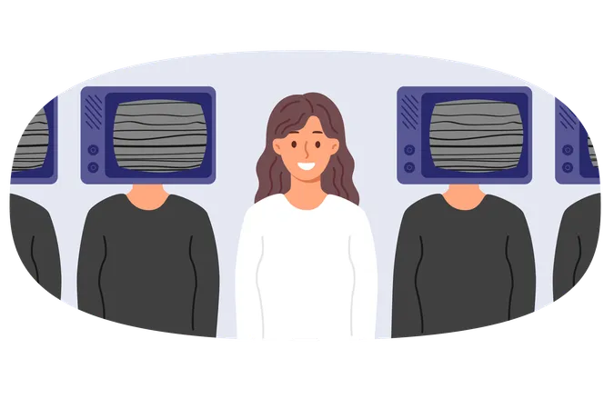 Woman stands among people with TV instead of head rejoicing in inability to respond to propaganda  イラスト