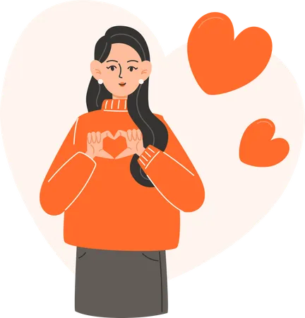 Woman stands and shows shape of a heart with her hands  Illustration