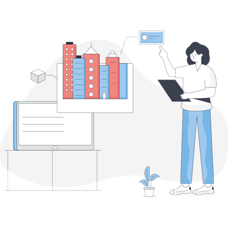 Woman stands before a computer displaying an architectural building design on the screen  Illustration
