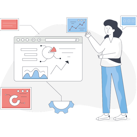 Woman stands beside a computer displaying various graphs and charts analyzing data on the screen  Illustration